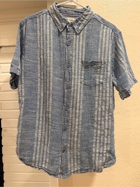 Weatherproof Blue and White Striped Short-Sleeve Button-Down Shirt Cotton Linen